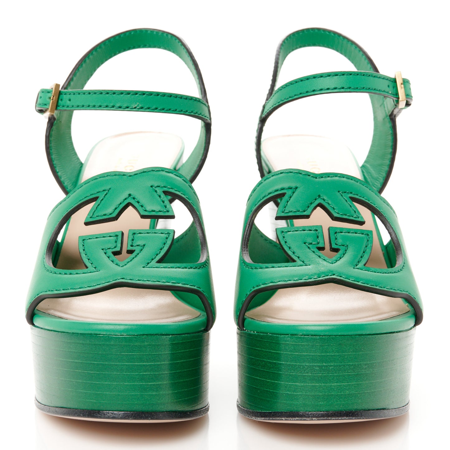 Cosmos Softy Calfskin Wooden Interlocking G Cut-Out 30/120mm Platform Sandals 35 New Shamrock