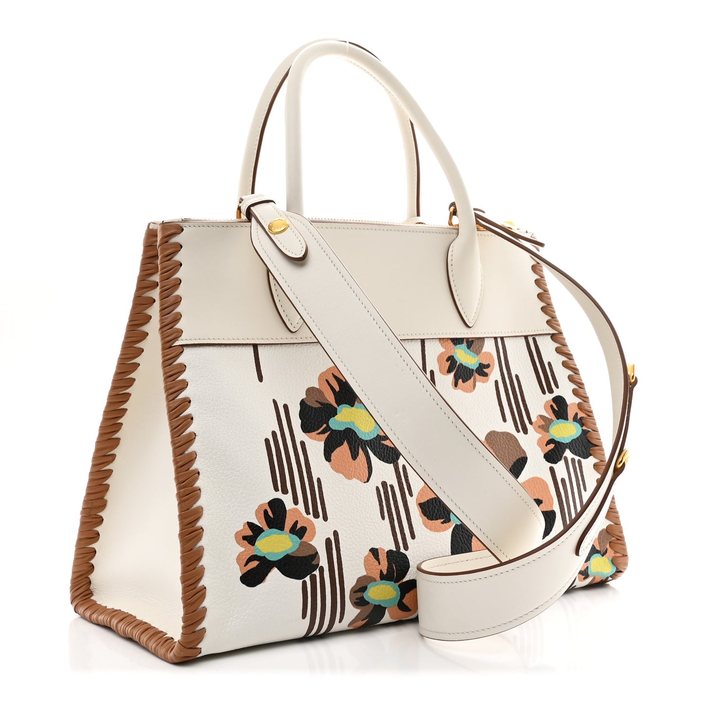 Saffiano Whipstitch Medium Paradigme Bag White Caramel Multicolor