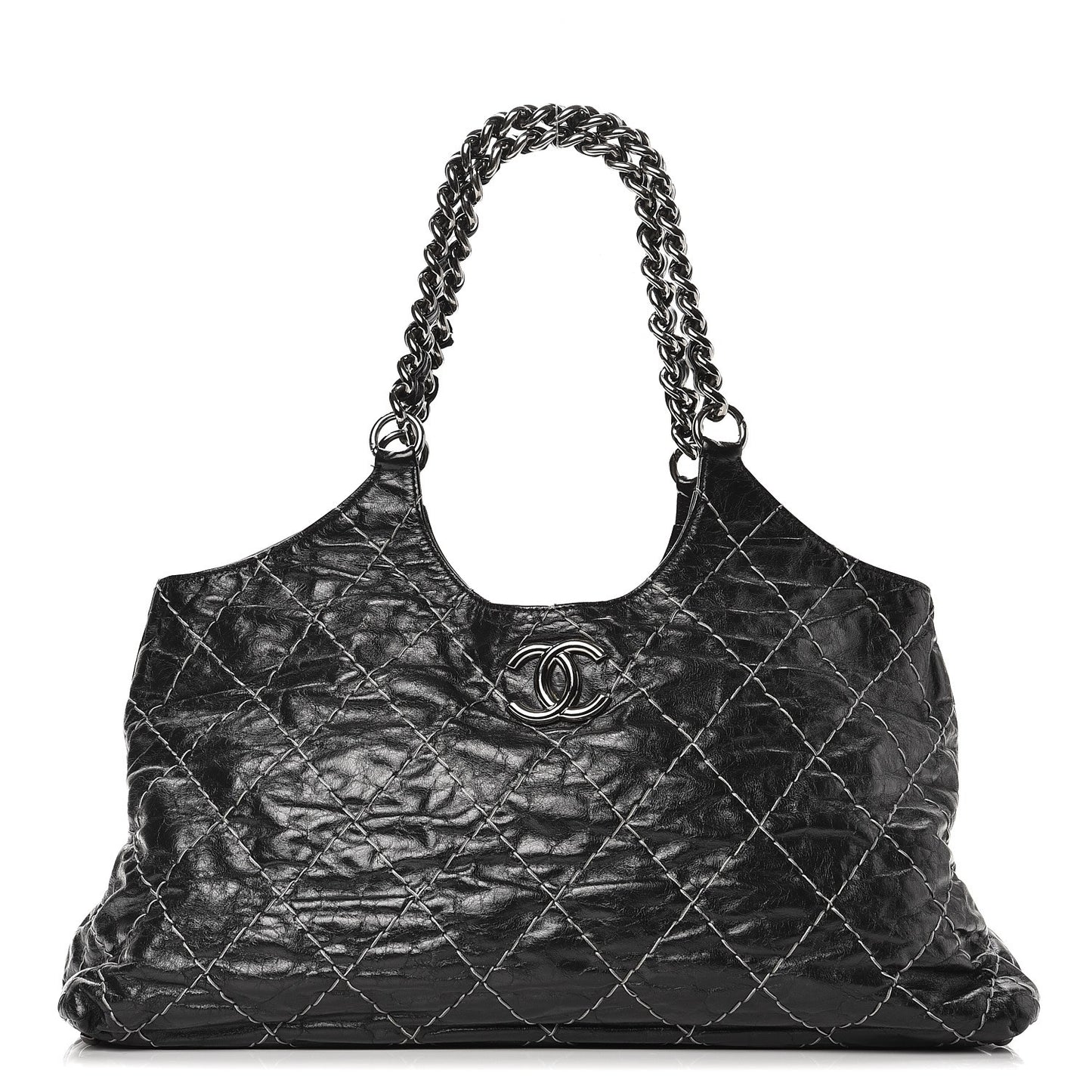 Glazed Goatskin Double Contrast Stitch Tote Black