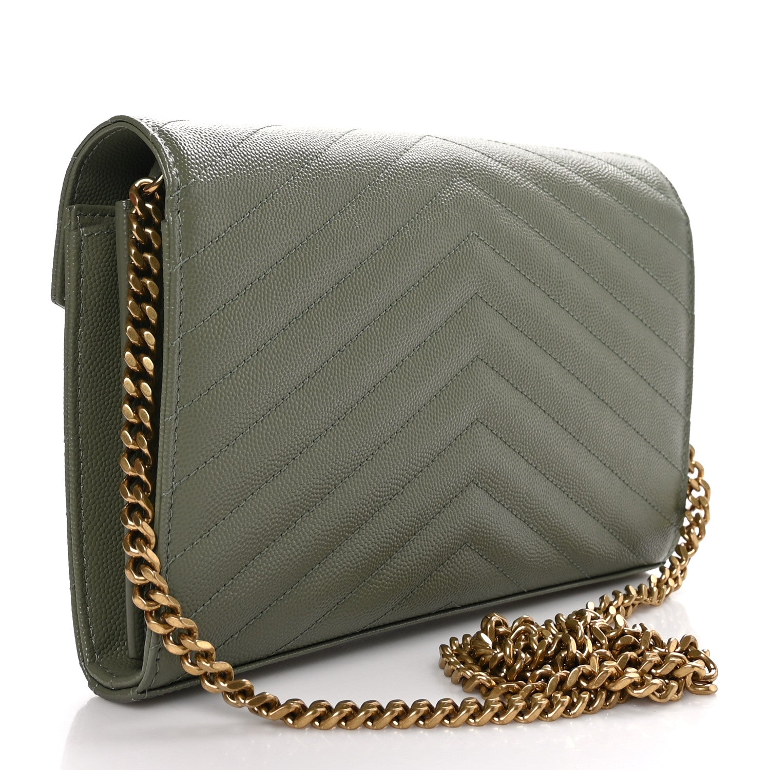 Saint Laurent Grain De Poudre Matelasse Chevron Monogram Chain Wallet Light Sage 3 of 10