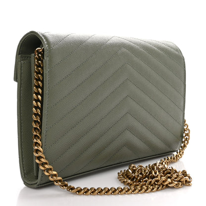 Saint Laurent Grain De Poudre Matelasse Chevron Monogram Chain Wallet Light Sage 3 of 10