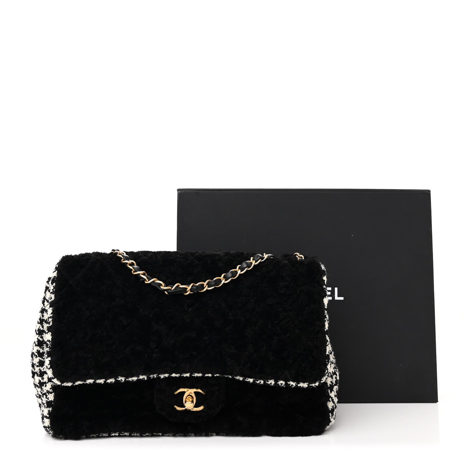 Chanel Shearling Tweed Jumbo Single Flap Black White 12 of 12