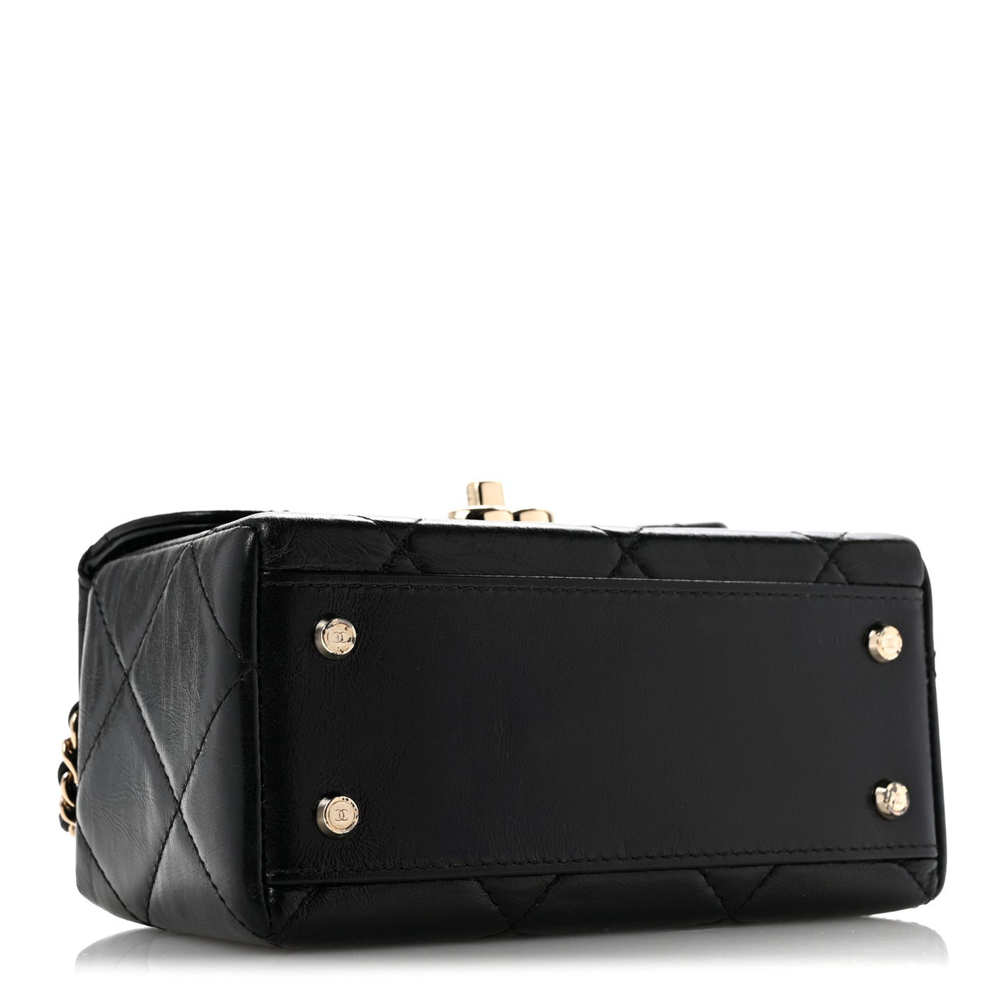 Shiny Calfskin Quilted Top Handle Box Bag Black