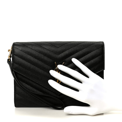Saint Laurent Grain De Poudre Matelasse Chevron Monogram Cassandre Flap Pouch Black 2 of 9