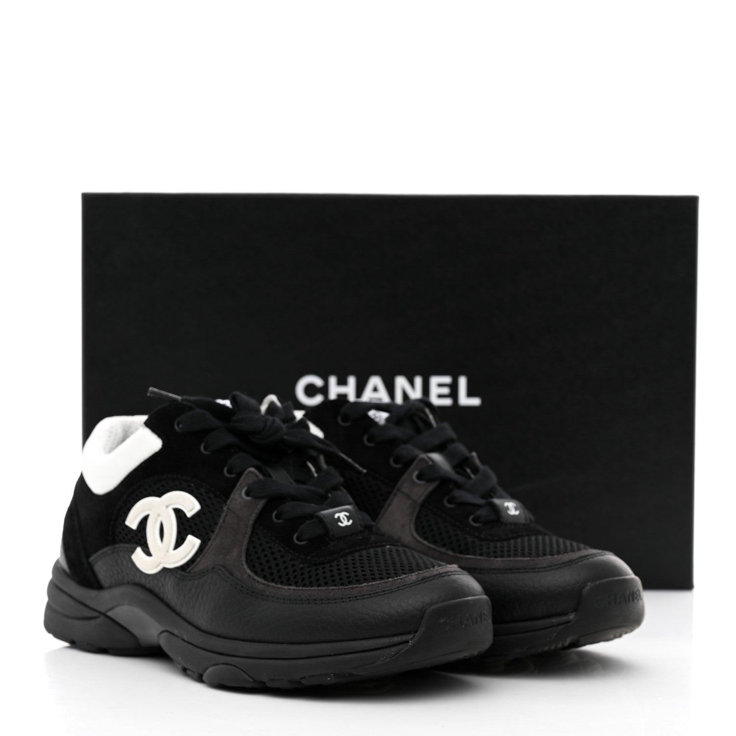 Chanel Mesh Suede Grained Calfskin Womens CC Sneakers 36.5 Black White 9 of 9