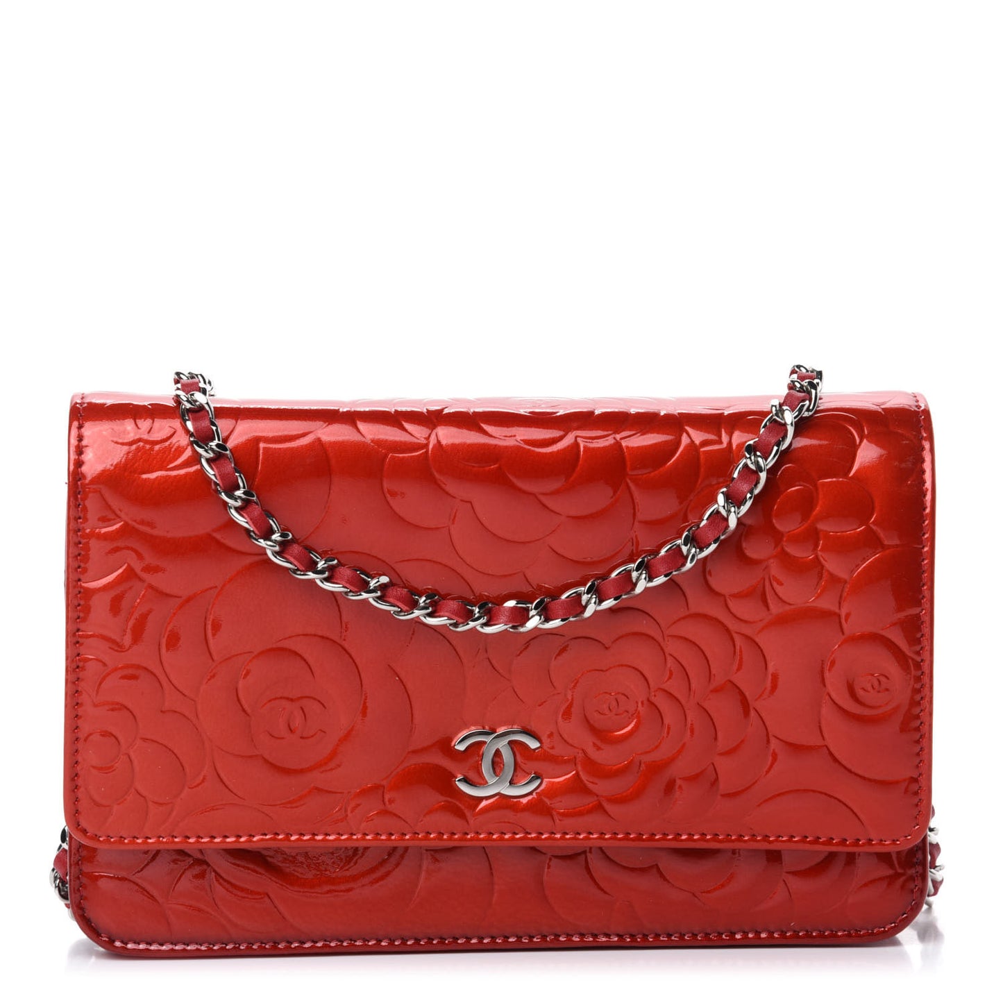 Patent Camellia Embossed Wallet On Chain WOC Dark Red