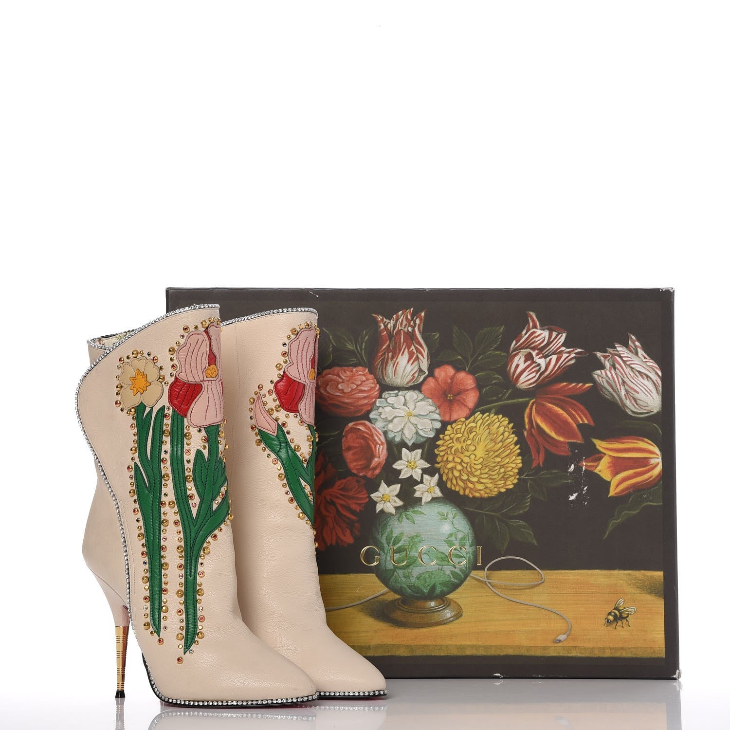 Gucci Calfskin Floral Crystal Embroidered Fosca Boots 36 Mystic White 14 of 14