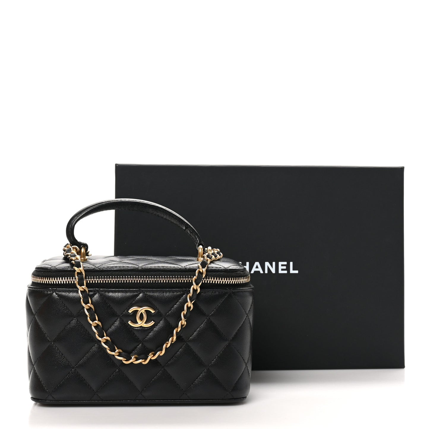 Lambskin Quilted Small Top Handle Vanity Case With Chain Black