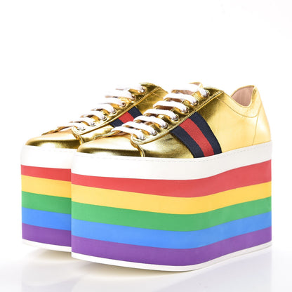Gucci Metallic Nappa Peggy Platform Sneakers 36 Oro Vecchio 3 of 9