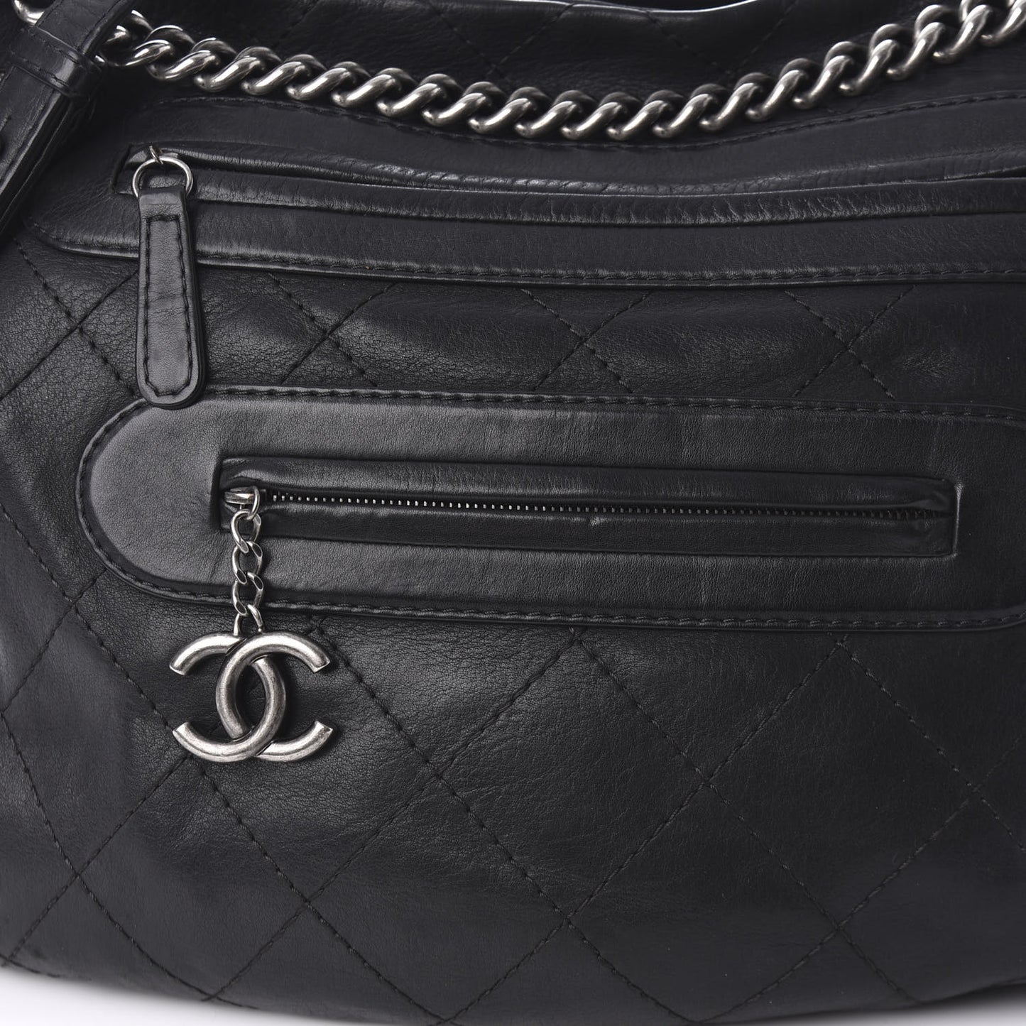 Calfskin Stitched Double Zip Hobo Black