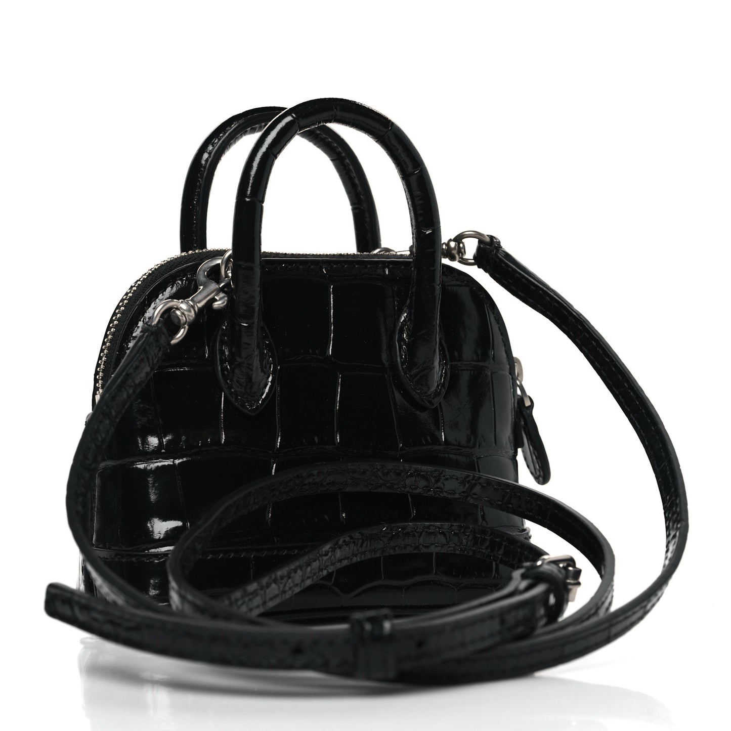 Shiny Calfskin Logo Crocodile Embossed XXS Ville Top Handle Bag Black White