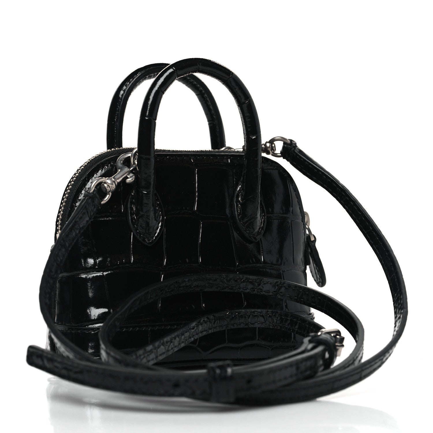 Balenciaga Shiny Calfskin Logo Crocodile Embossed XXS Ville Top Handle Bag Black White 3 of 8