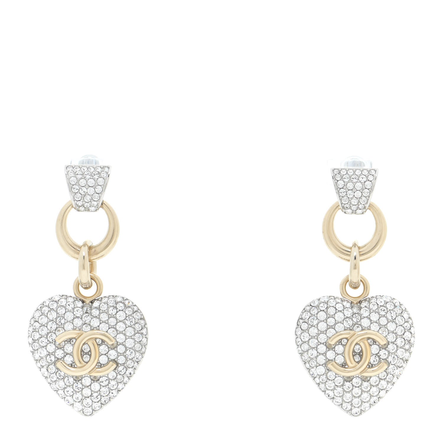 Chanel Crystal Heart CC Drop Earrings Gold 1 of 6