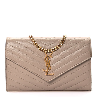Saint Laurent Grain De Poudre Matelasse Chevron Monogram Chain Wallet Dark Beige 1 of 10