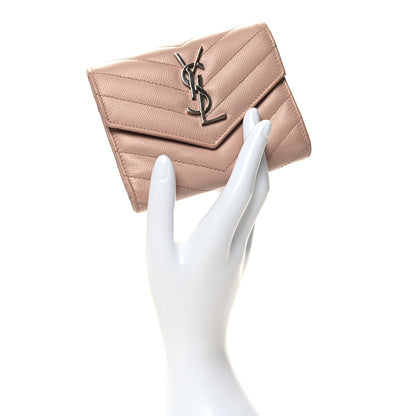Saint Laurent Grain De Poudre Matelasse Chevron Monogram Compact Tri Fold Wallet Pale Pink 2 of 9