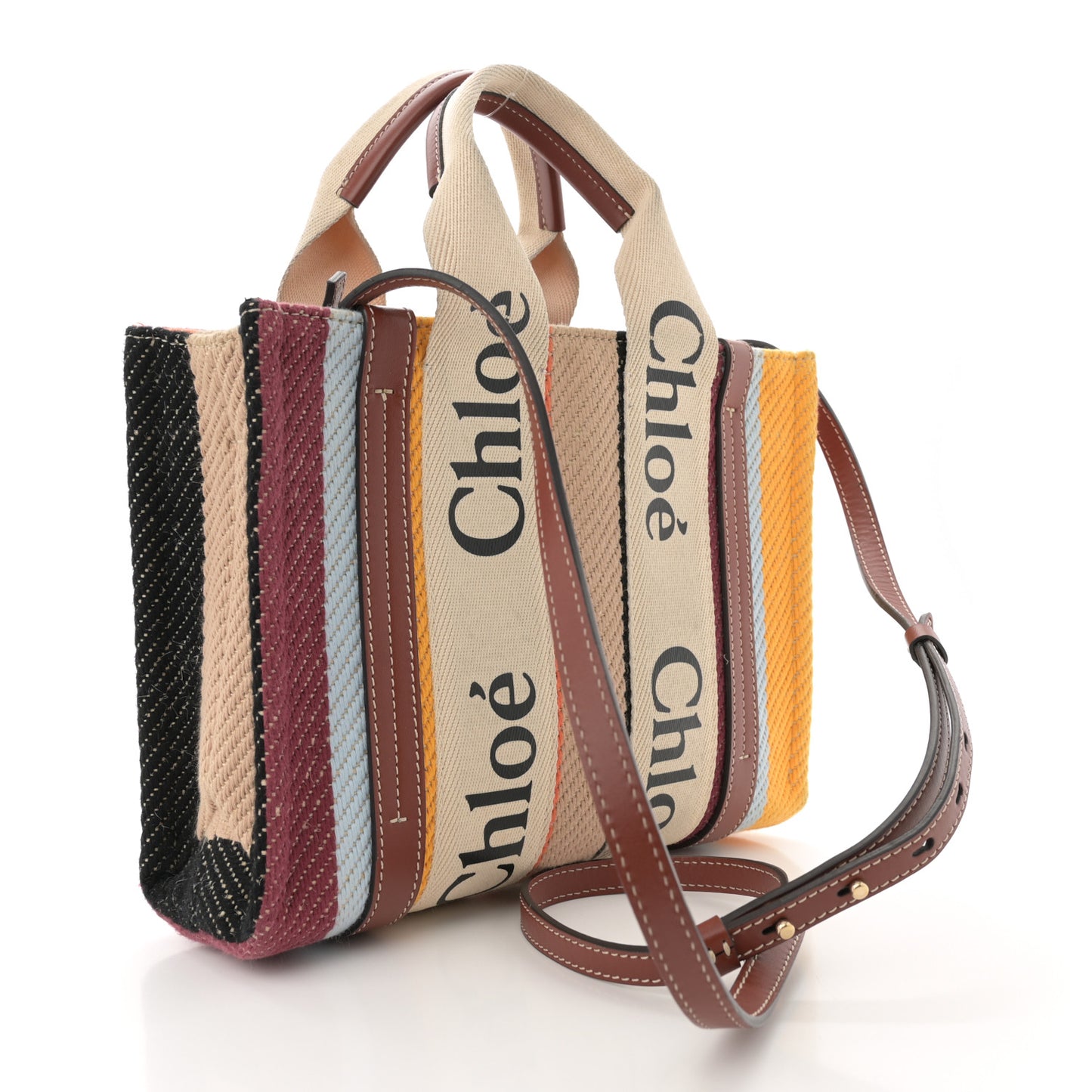 Cotton Calfskin Small Woody Striped Ribbon Tote Multicolor