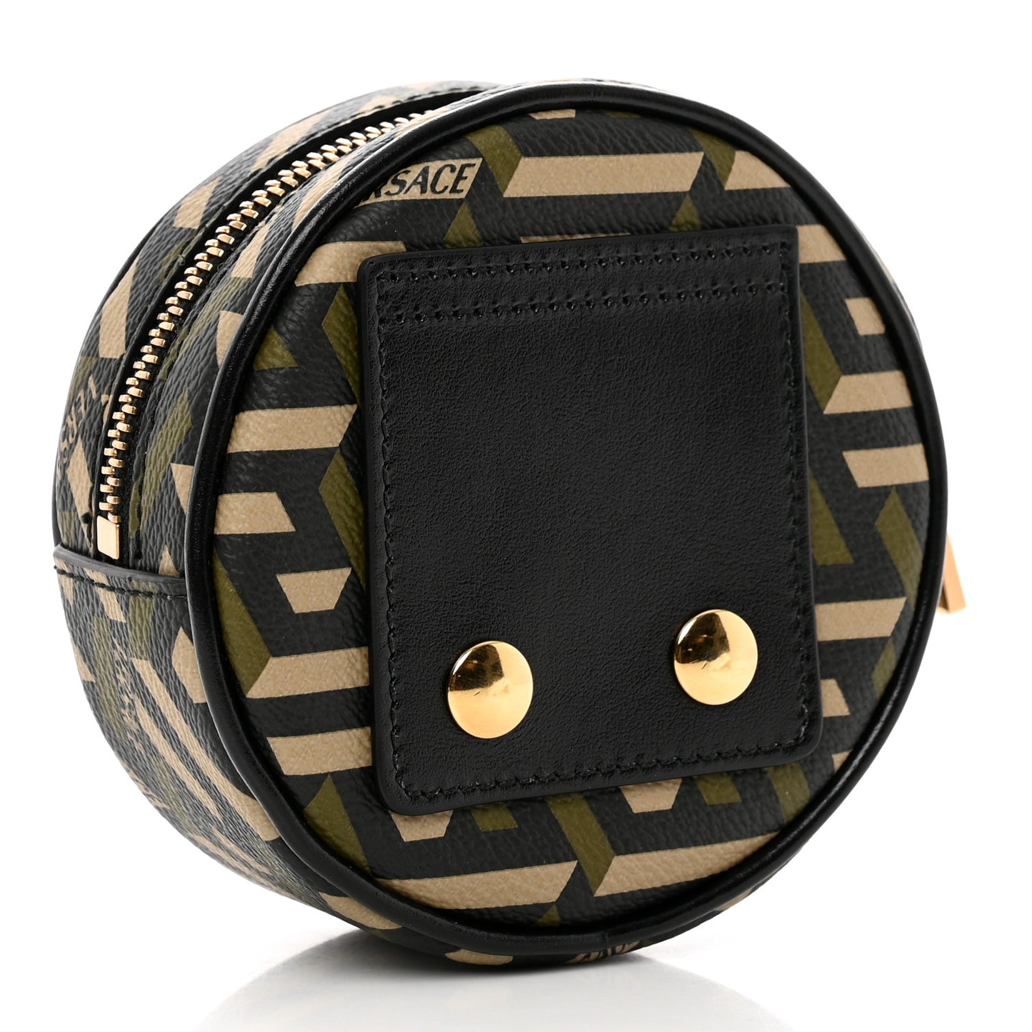 Coated Canvas Calfskin La Greca Round Zip Pouch Black Khaki