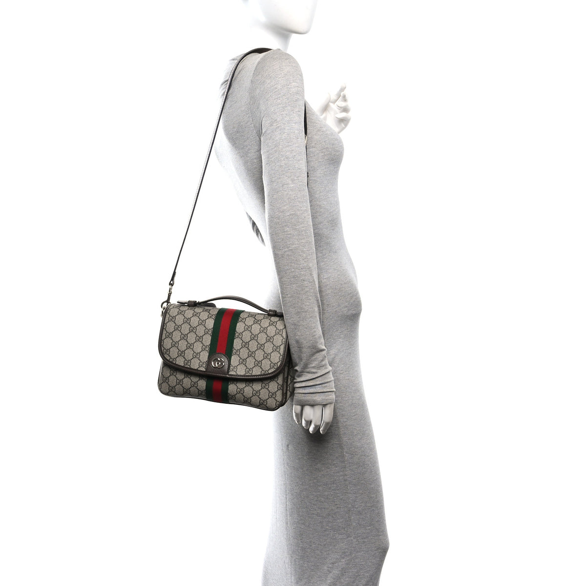 Gucci GG Supreme Monogram Textured Dollar Calfskin Medium Ophidia Top Handle Shoulder Bag Beige Brown 2 of 10
