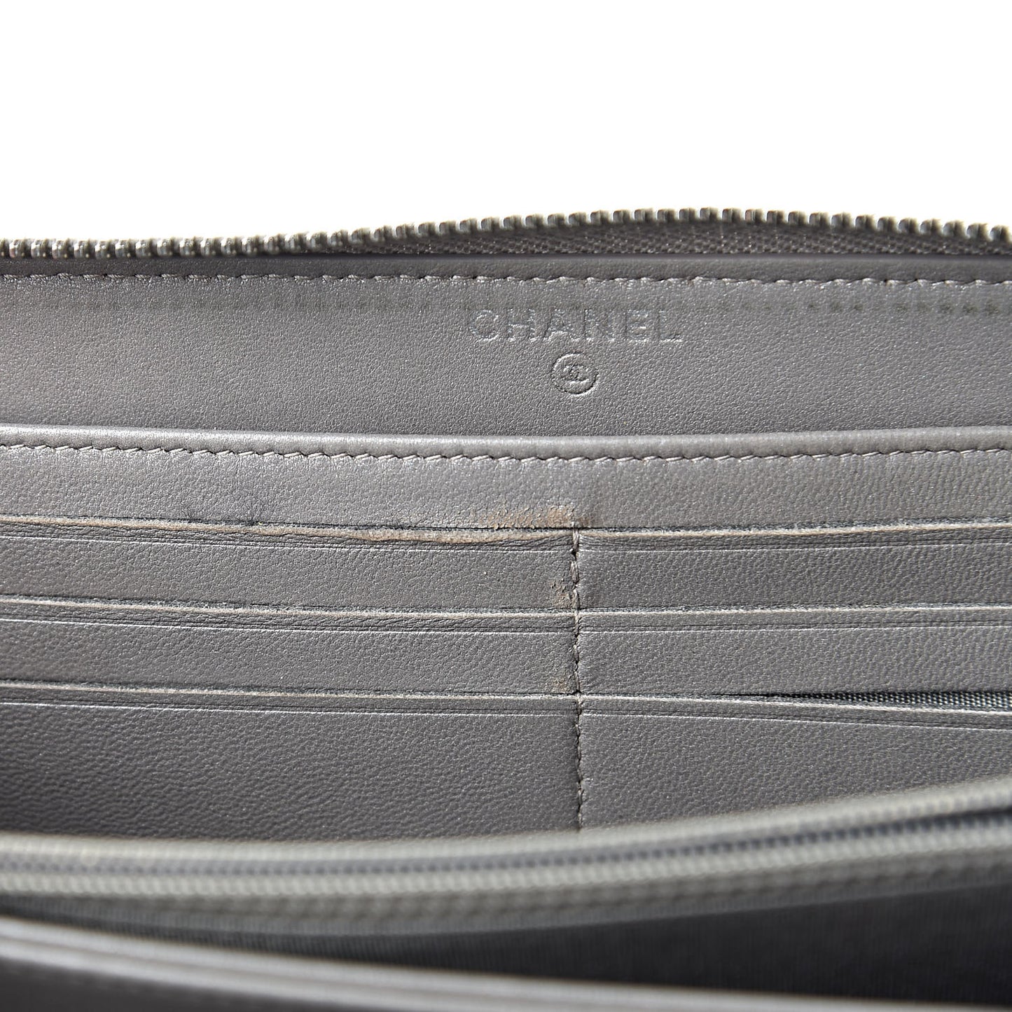 Calfskin Resin Stitched Zip Around Wallet Grey