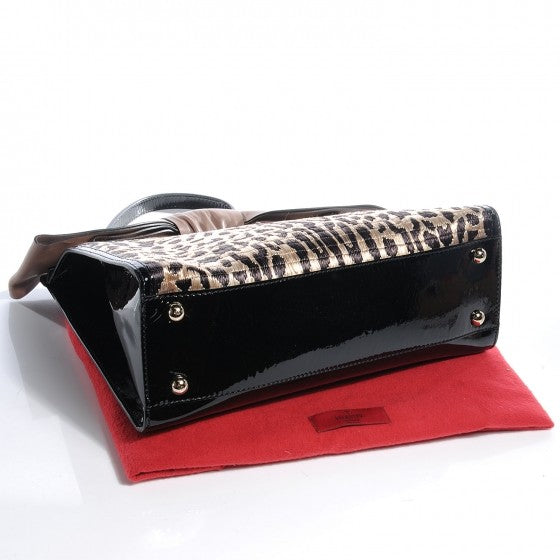 Valentino Garavani Patent Raffia Leopard Print Medium Aphrodite Bow Satchel Black 4 of 8