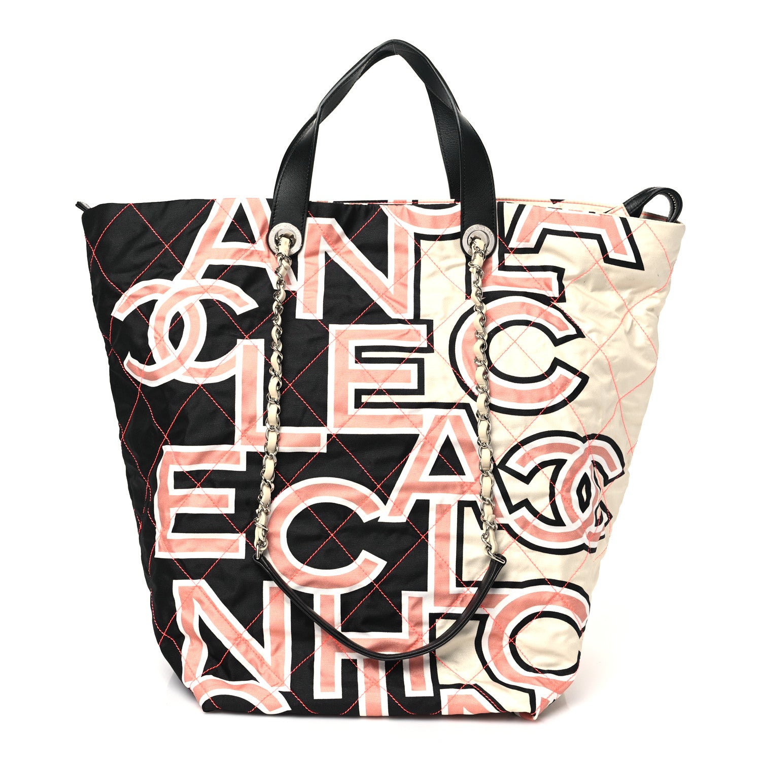 Chanel Nylon Stitched Printed Logo Shopping Bag Black White 1 of 10