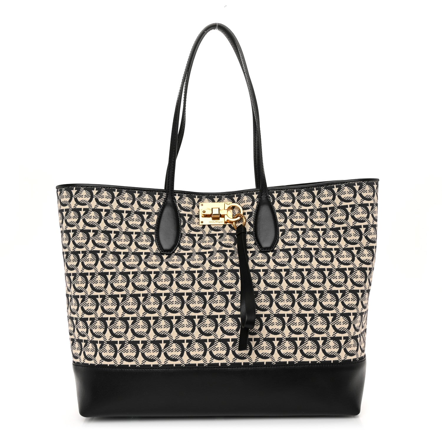Salvatore Ferragamo Canvas Calfskin Large The Studio Tote Beige Black 1 of 10