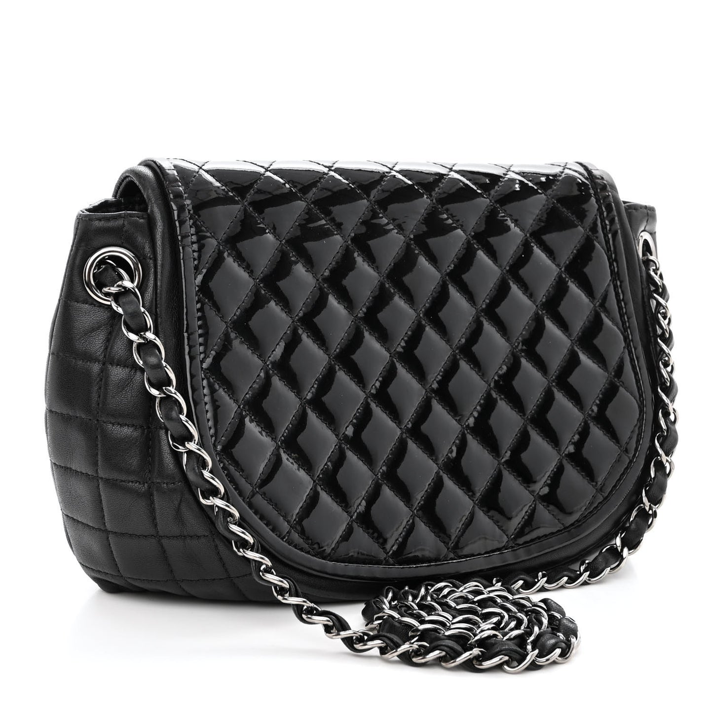 Lambskin Patent Classic Twist Crescent Flap Bag Black
