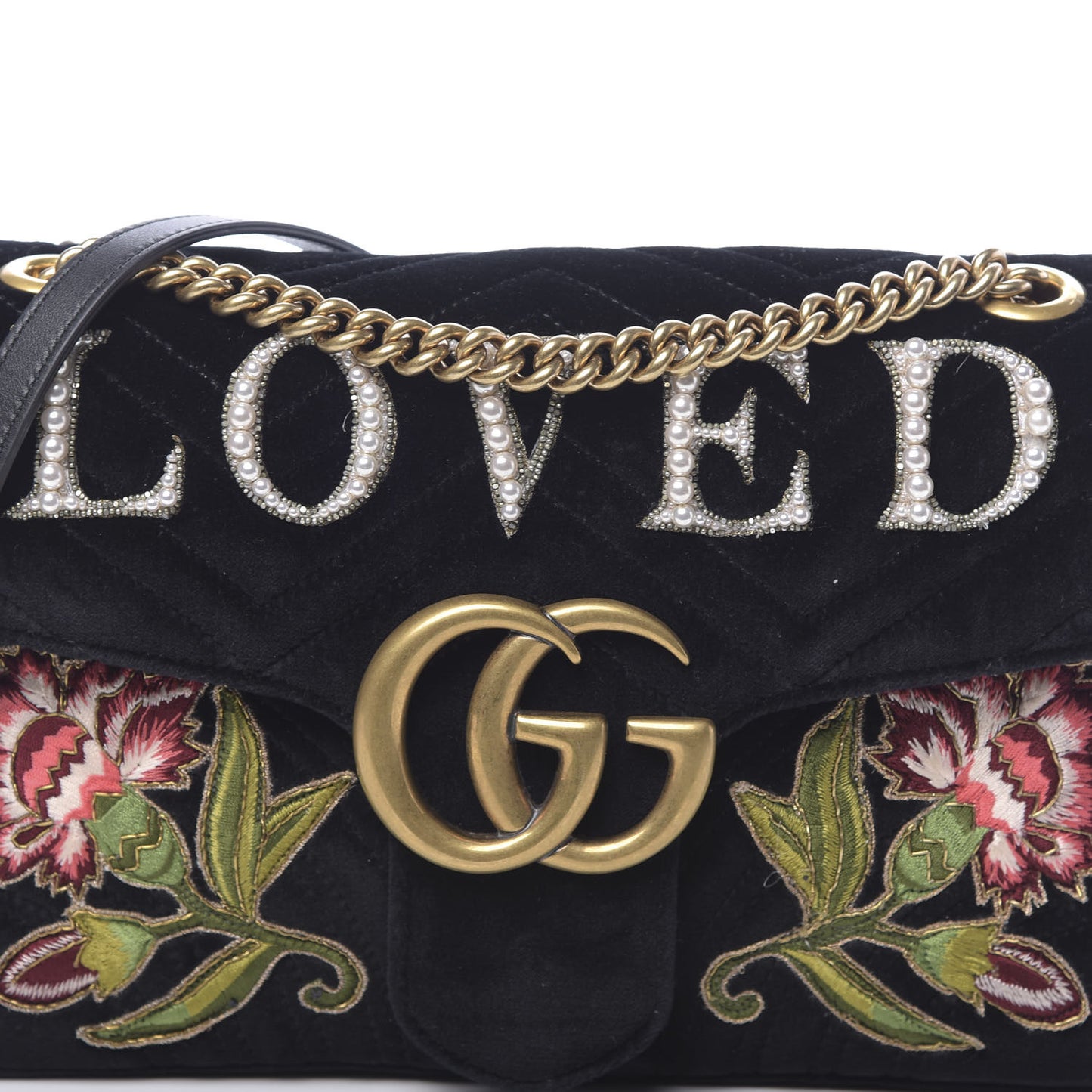 Velvet Matelasse Loved Embroidered Medium GG Marmont Shoulder Bag Black