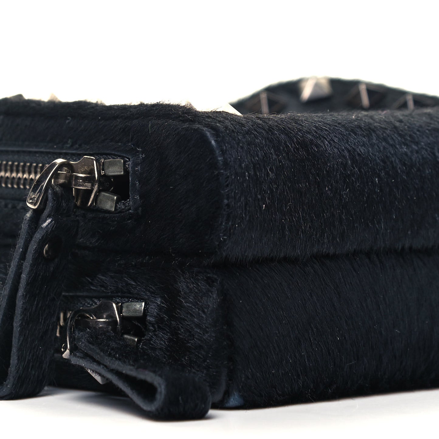 Pony Hair Rockstud Double Zip Crossbody Bag Black