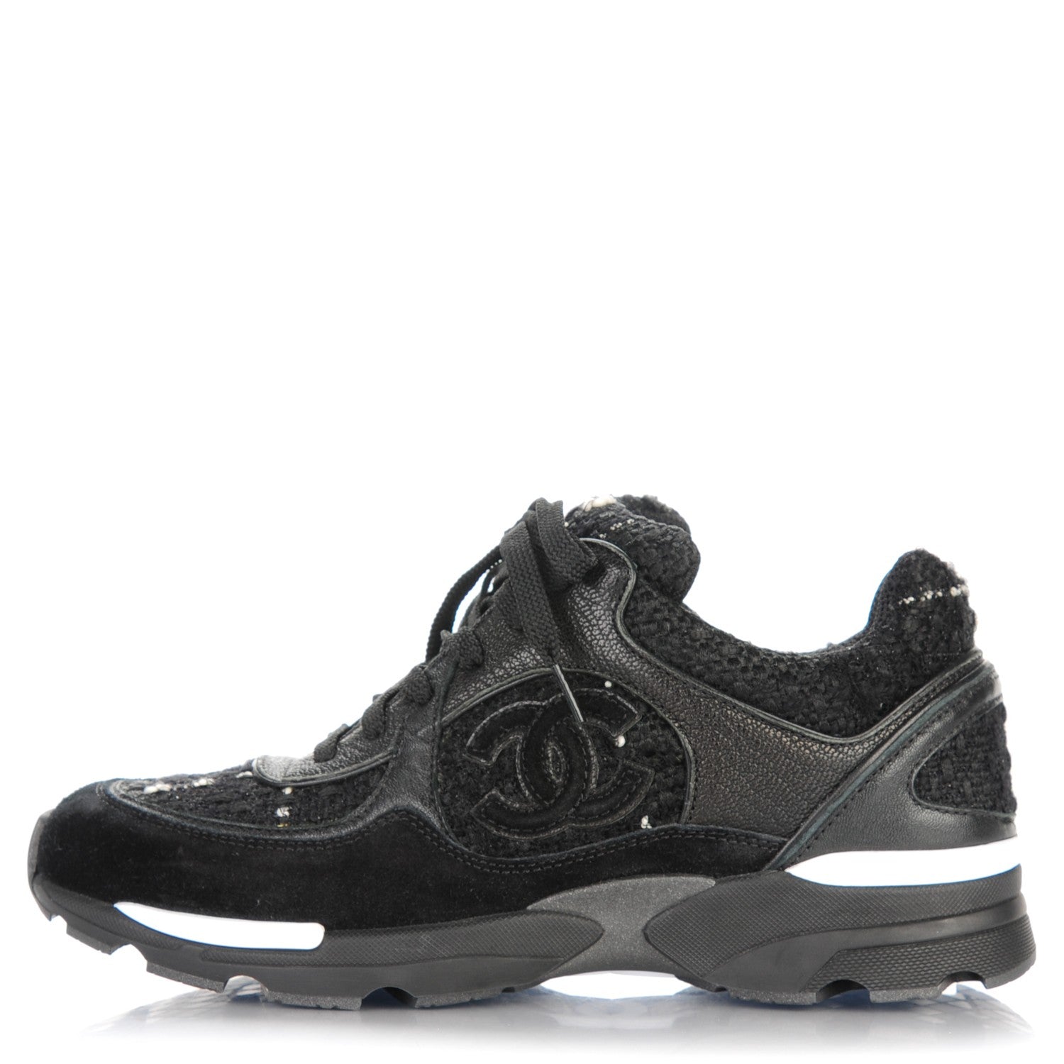 Chanel Suede Tweed Goatskin CC Sneakers 35 Black 1 of 7