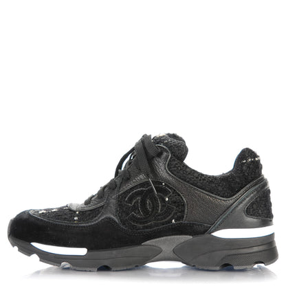 Chanel Suede Tweed Goatskin CC Sneakers 35 Black 1 of 7