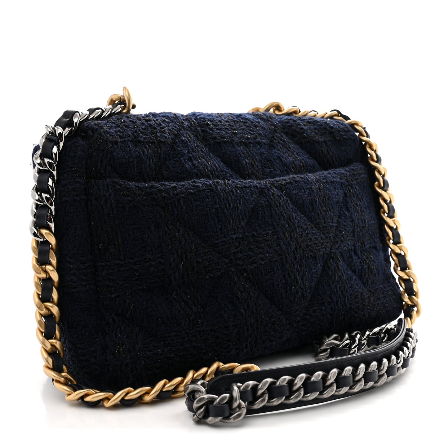Tweed Quilted Large Chanel 19 Flap Navy Blue