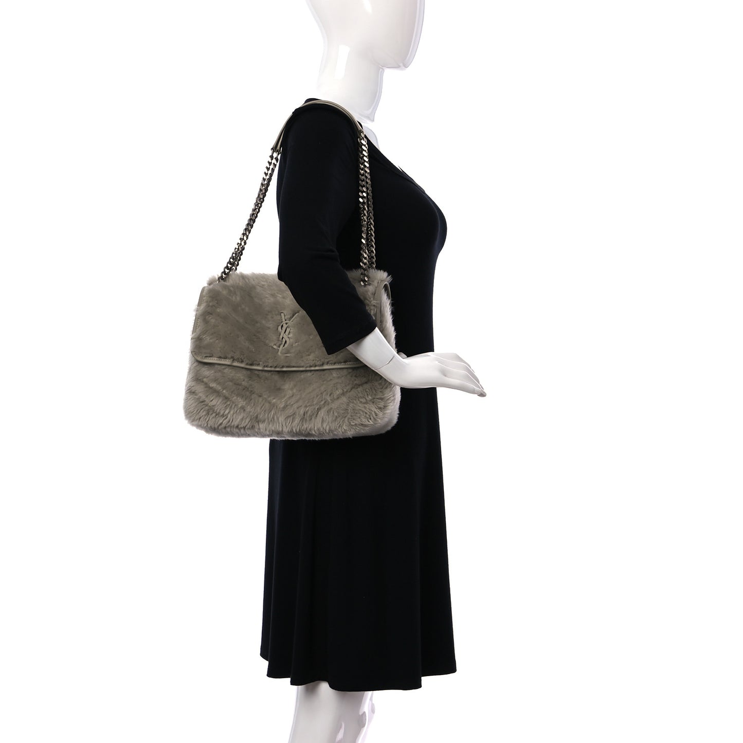 Calfskin Shearling Monogram Medium Niki Chain Satchel Grey