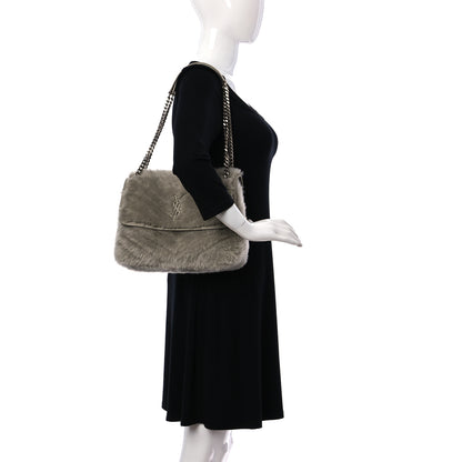 Saint Laurent Calfskin Shearling Monogram Medium Niki Chain Satchel Grey 2 of 10