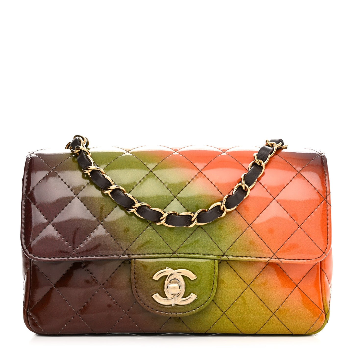 Shaded Patent Calfskin Quilted Mini Rectangular Flap Green Orange Dark Brown