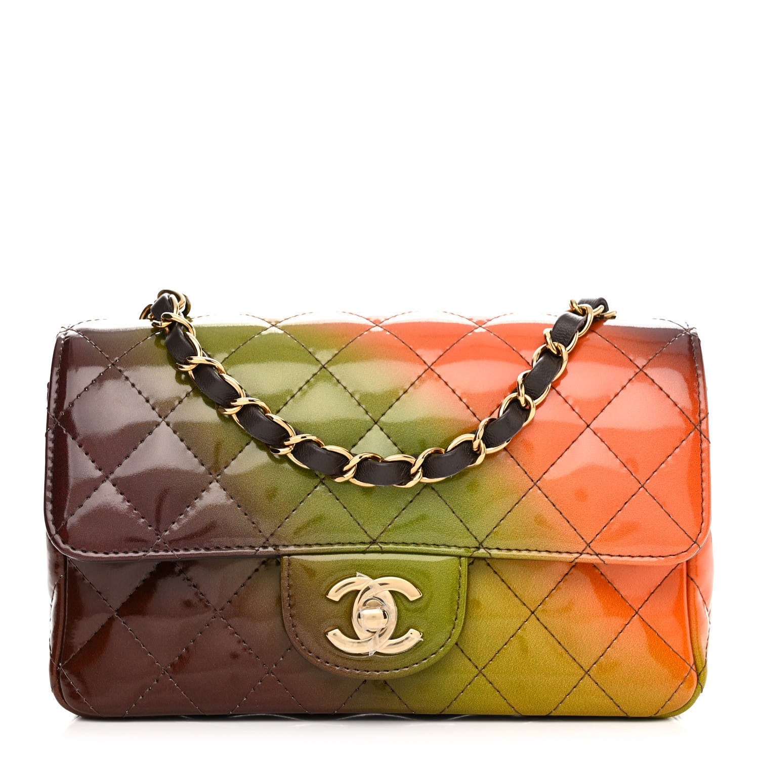 Chanel Shaded Patent Calfskin Quilted Mini Rectangular Flap Green Orange Dark Brown 1 of 11