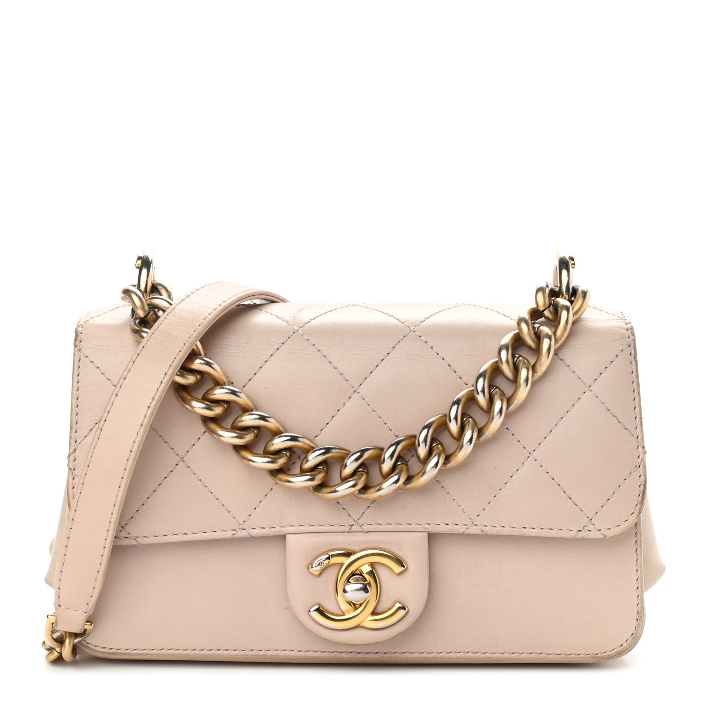 Glazed Calfskin Quilted Mini Straight Lined Flap Beige