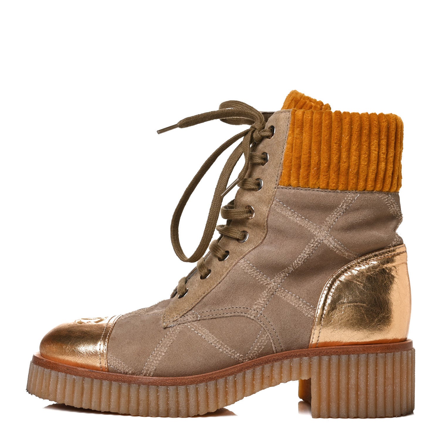 Chanel Suede Calfskin Velvet Quilted CC Combat Boots 37 Beige Yellow Gold 1 of 11