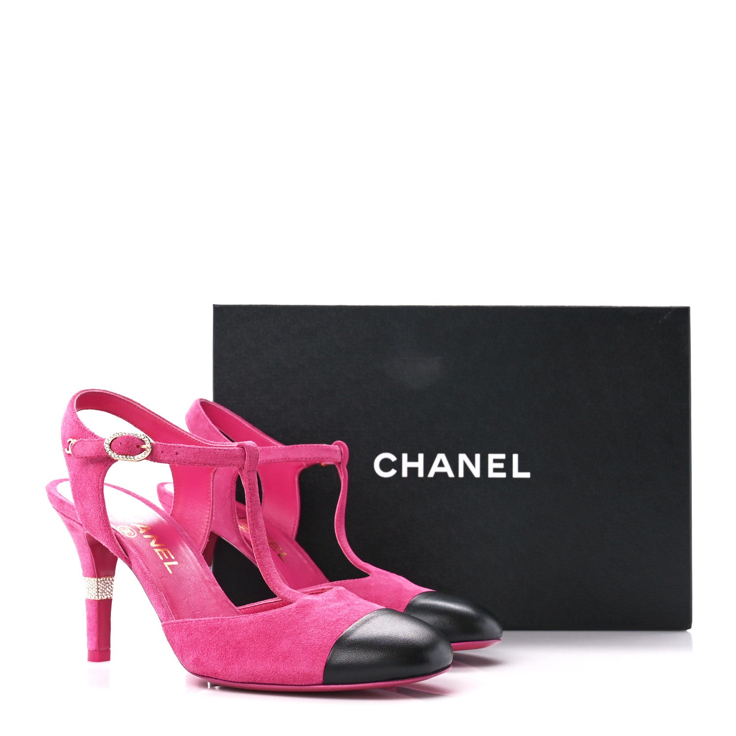 Chanel Suede Lambskin Cap Toe Crystal Slingback Pumps 37.5 Fuchsia Black 9 of 9