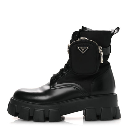 Prada Spazzolato Rois Nylon Metal Triangle Logo Monolith Pouch Pocket 55mm Boots 41 Black 1 of 14