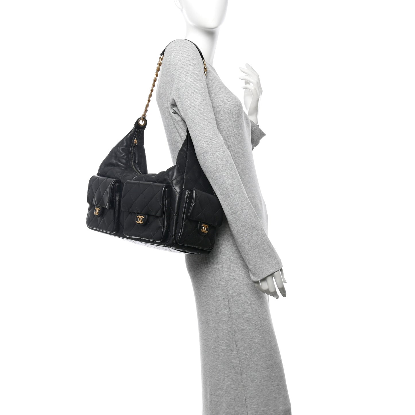 Shiny Lambskin Quilted Maxi Trendy Pockets Hobo Black
