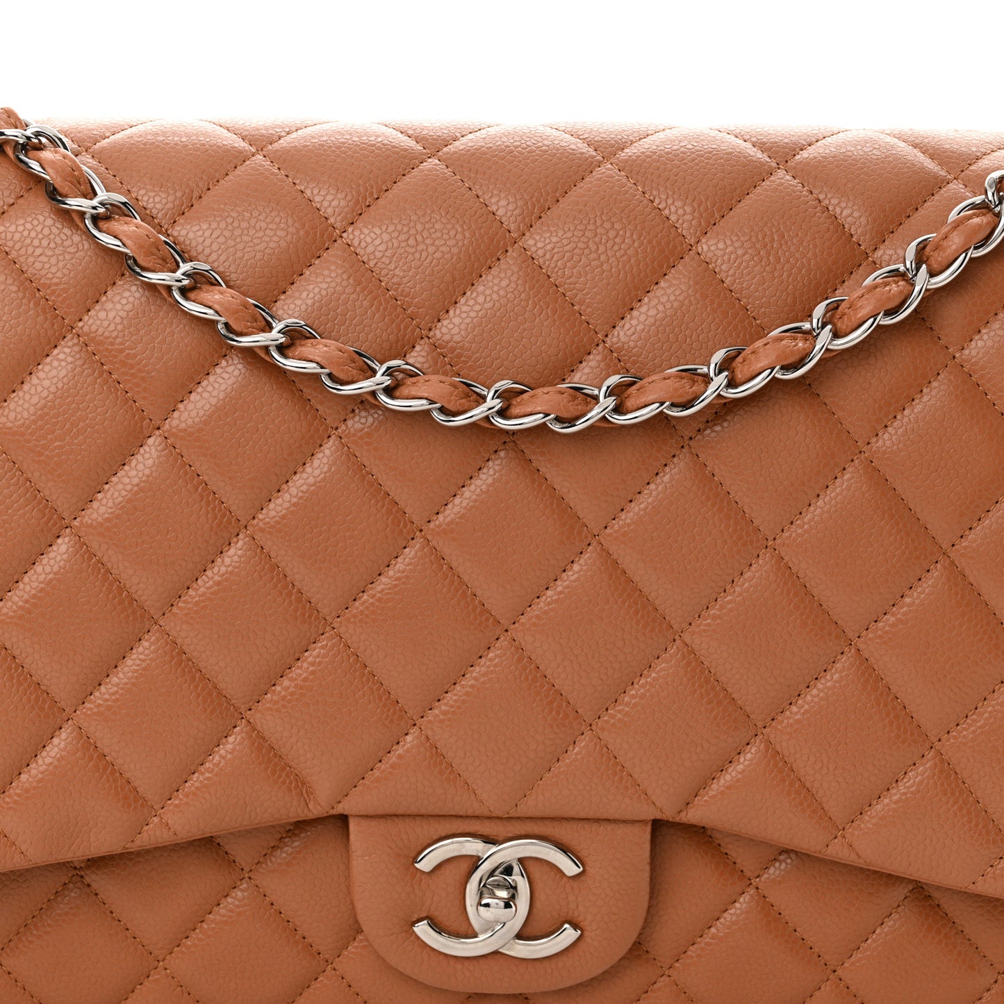 Caviar Quilted Maxi Double Flap Light Brown