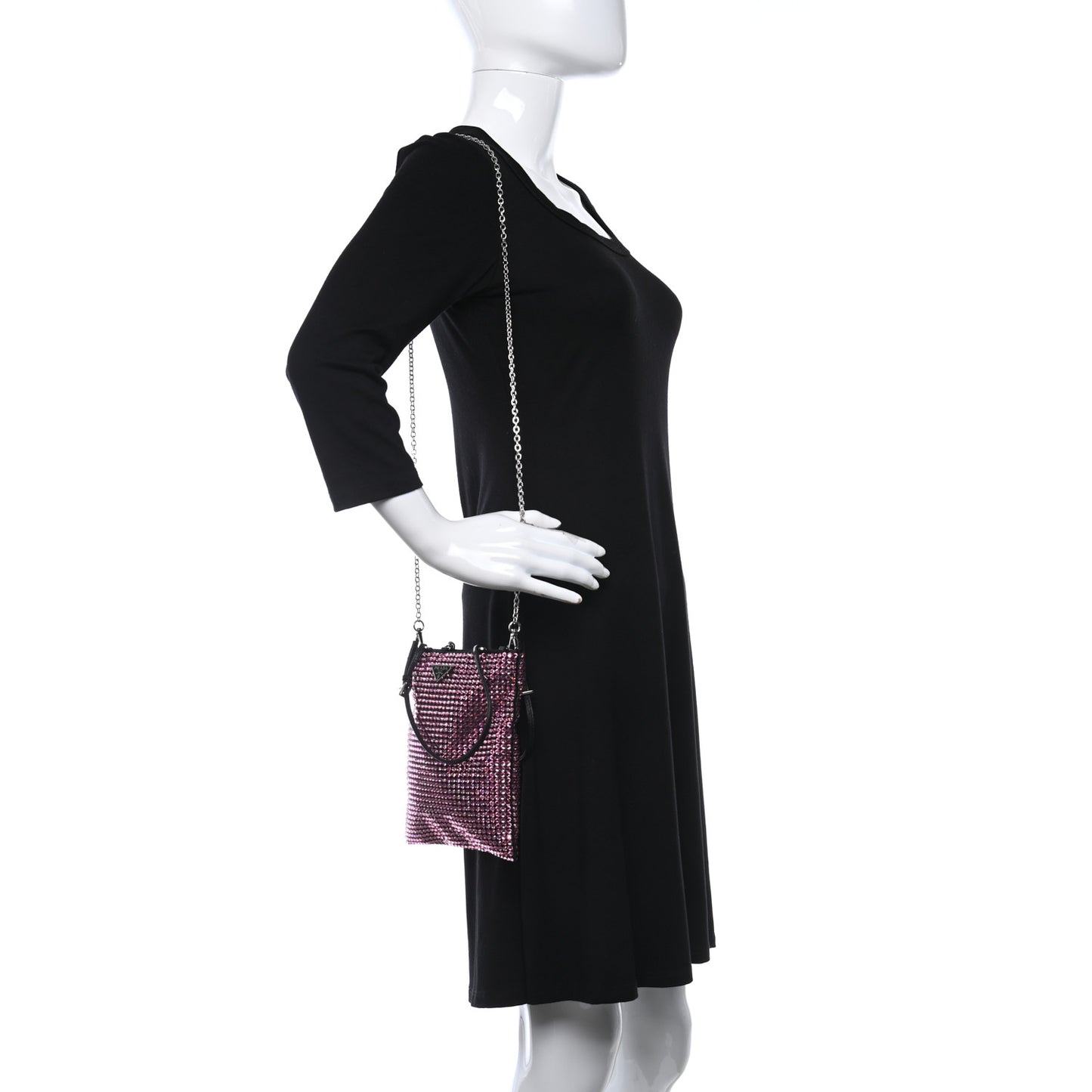 Satin Crystal Metal Triangle Logo Chain Crossbody Handbag Rosa