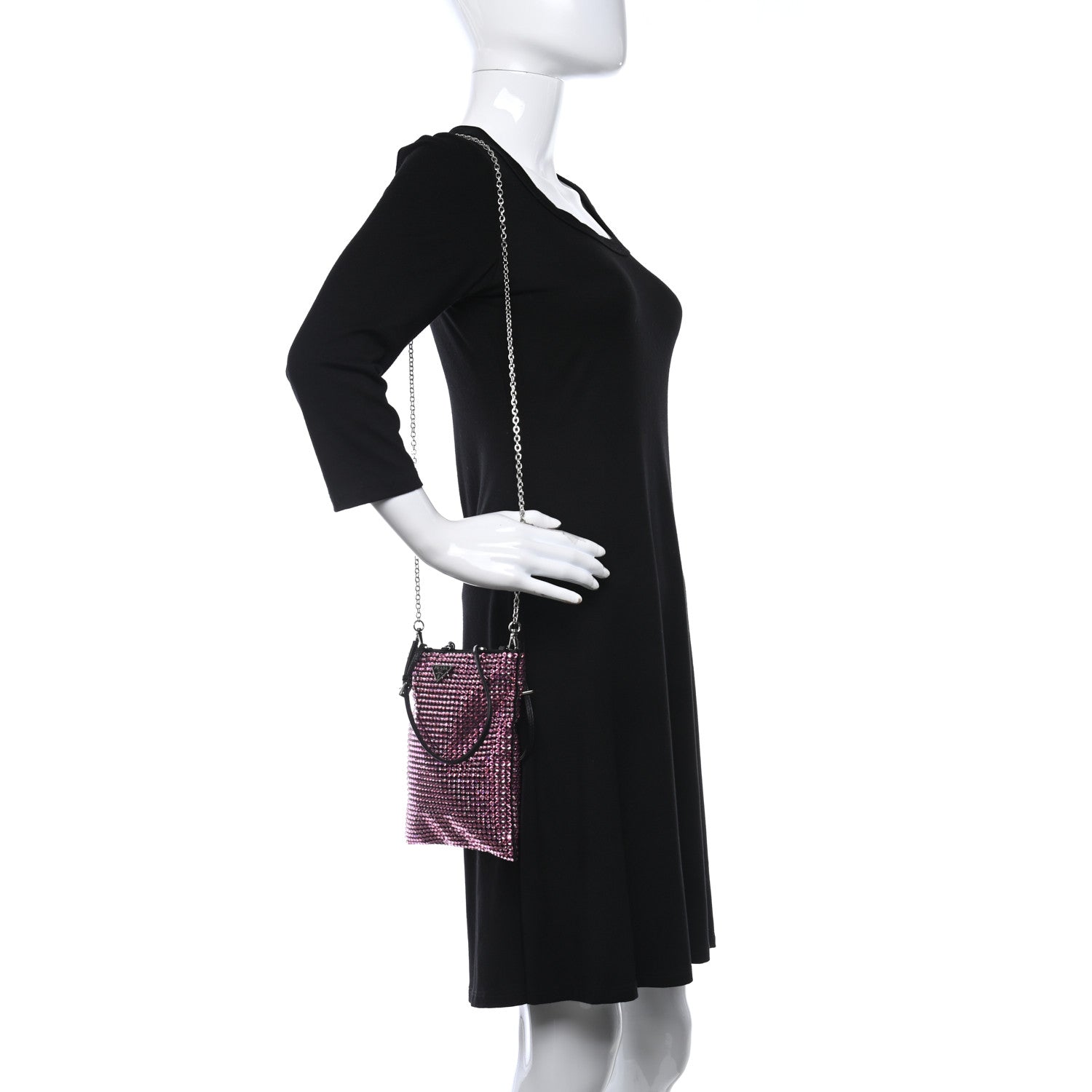 Prada Satin Crystal Metal Triangle Logo Chain Crossbody Handbag Rosa 2 of 8