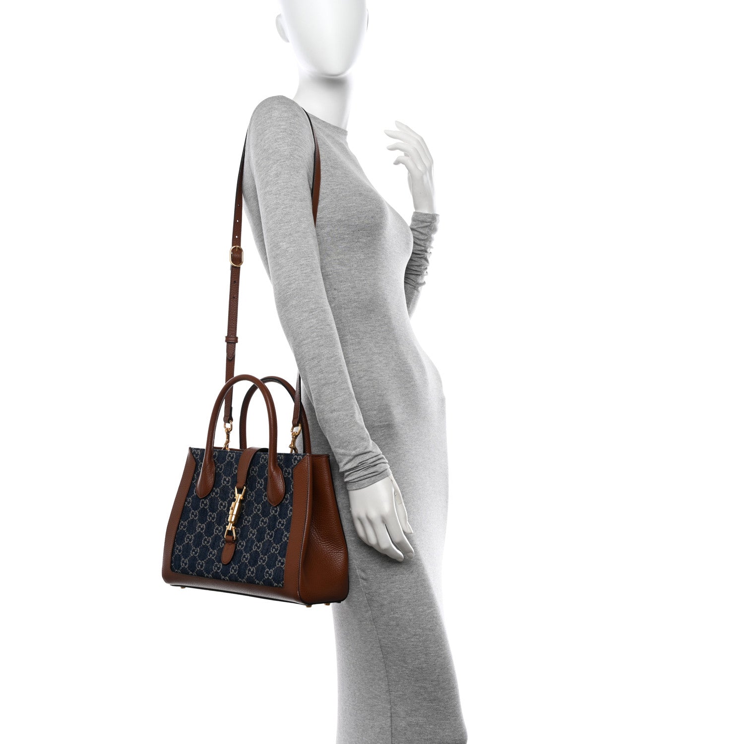 Gucci New Denim GG Monogram Dollar Calfskin Medium Jackie 1961 Tote Blue Tea Cuir Epilog 2 of 19