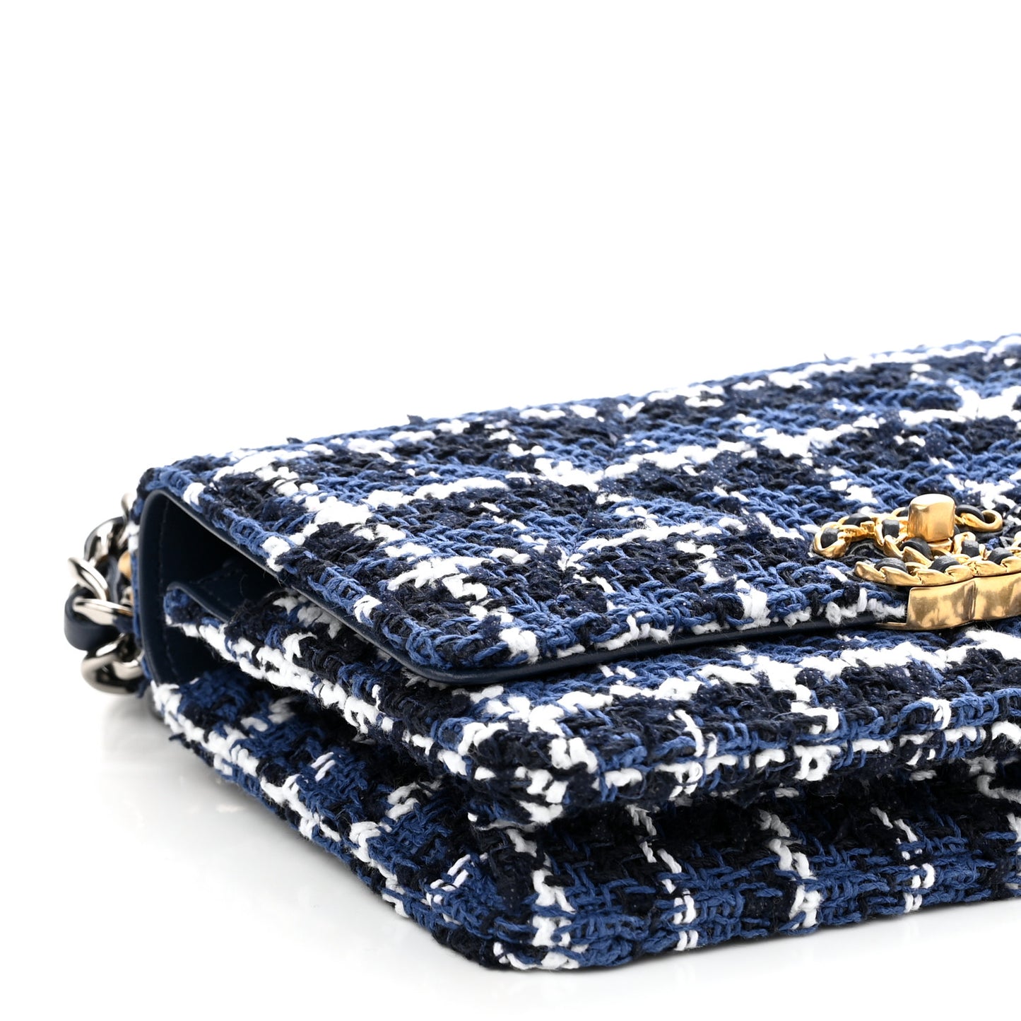 Tweed Quilted Chanel 19 Wallet On Chain WOC Blue White Navy Blue