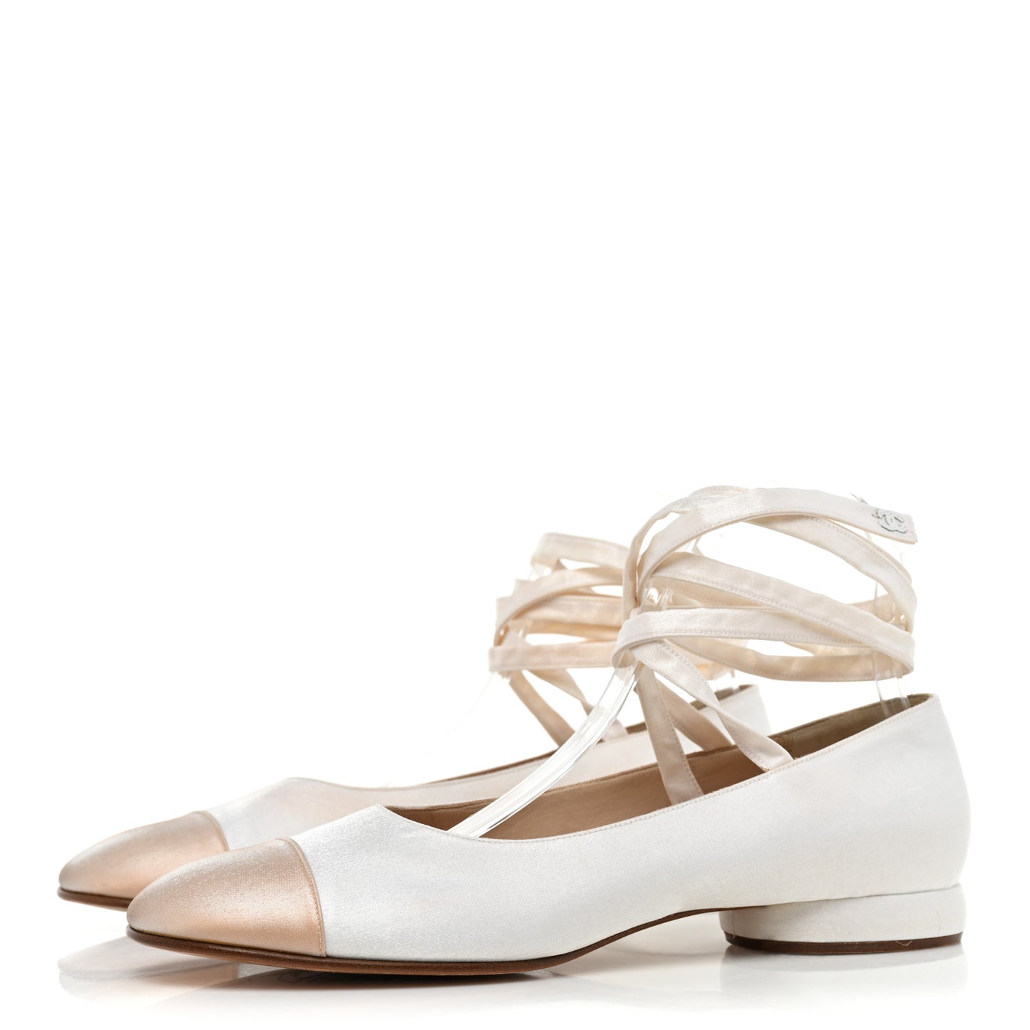 Satin Cap Toe Ballerina Ankle Wrap Flats 40 White Beige