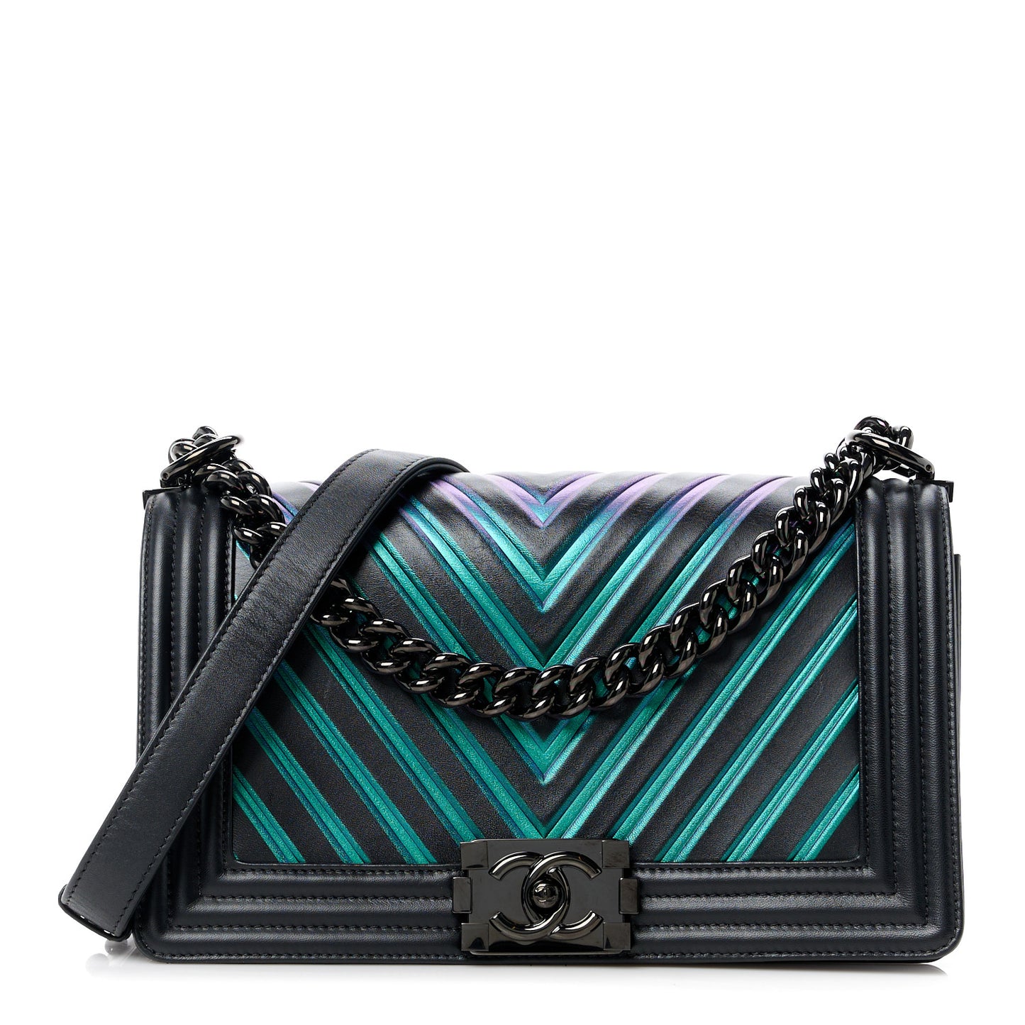 Calfskin Painted Chevron Embossed Medium Boy Flap Black