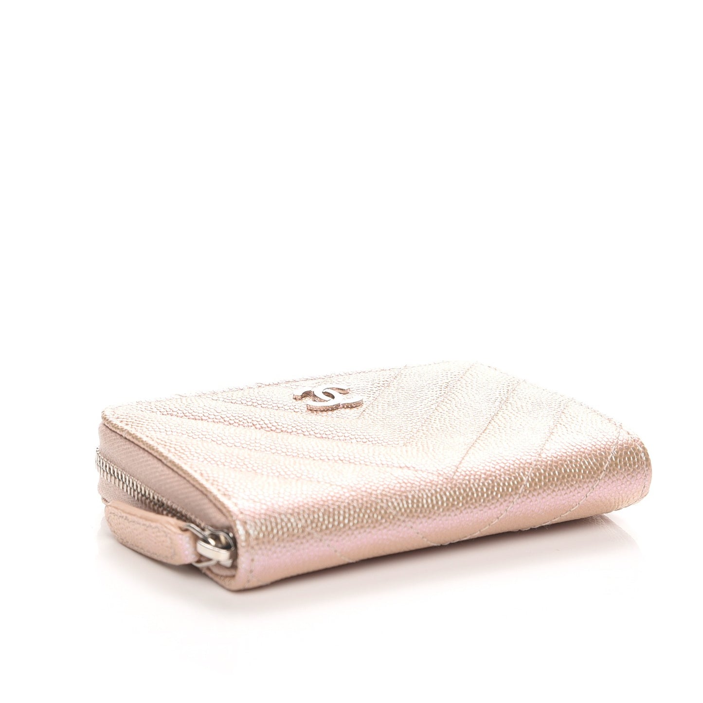 Metallic Caviar Chevron Quilted Zip Around Coin Purse Light Gold