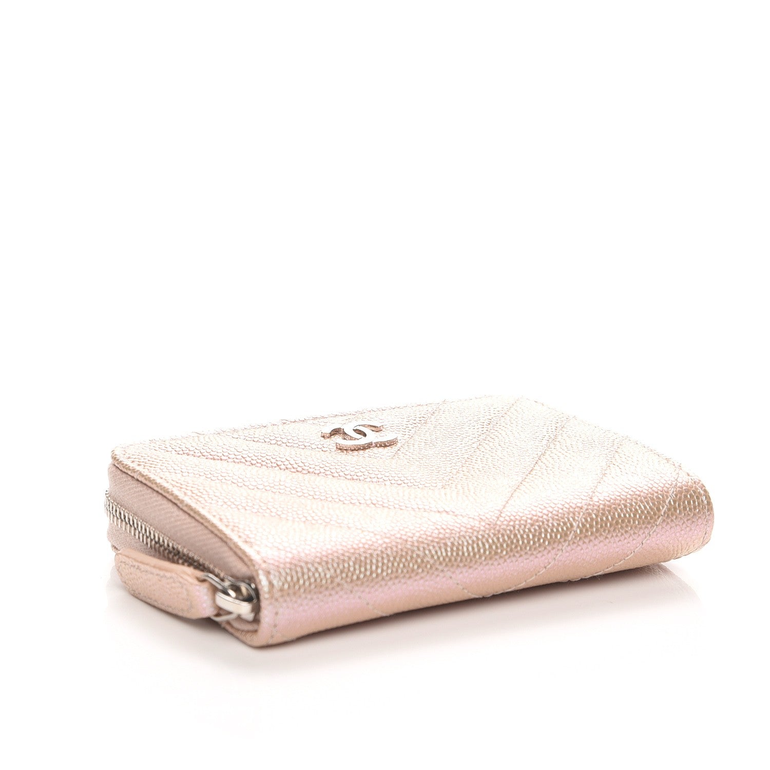 Chanel Metallic Caviar Chevron Quilted Zip Around Coin Purse Light Gold 4 of 8